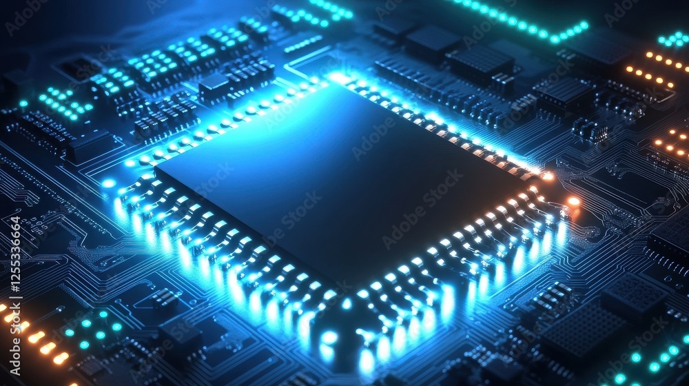 Obraz premium Quantum Chip Glowing with Swirling Binary Qubits I