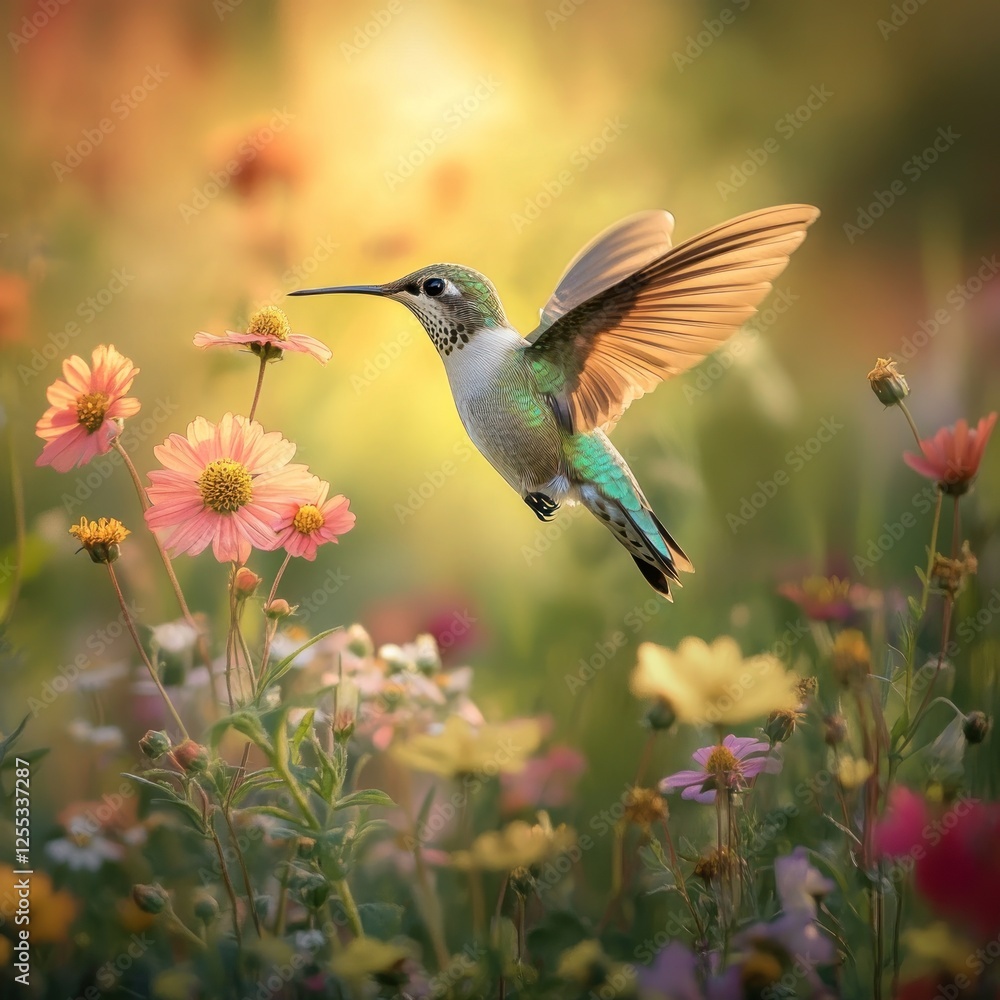 Naklejka premium Hummingbird hovering near flowers in garden at sunrise