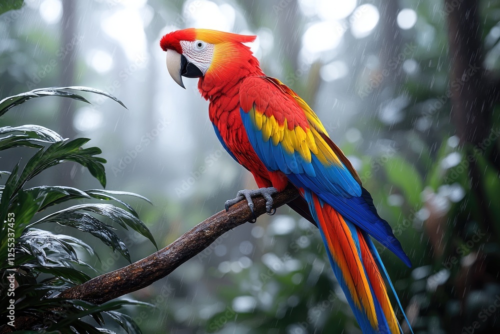 Obraz premium Scarlet Macaw Perched on Branch in the Rain