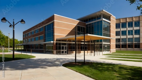 An exterior view of a public school building yard. College or university architecture, an outdoor view of a campus, high school construction, college or university landscape design.