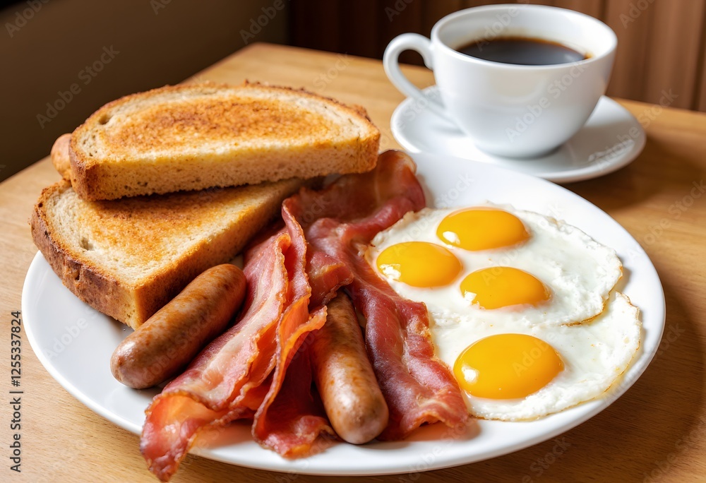 A steaming hot full English breakfast arranged on a plate, showcasing golden-brown toast, plump sausages, crispy bacon, and perfectly cooked eggs, with a cup of black coffee beside it. A steaming hot full English breakfast arranged on a plate, showcasing golden-brown toast, plump sausages, crispy bacon, and perfectly cooked eggs, with a cup of black coffee beside it.