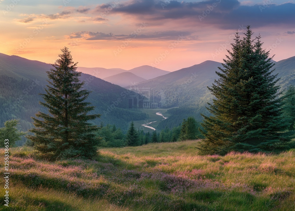 Obraz premium Beautiful forest landscape with green trees on the mountain top in autumn, blue sky. 