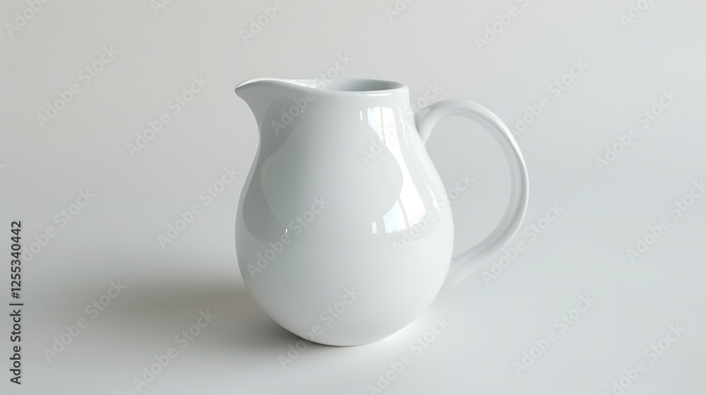 A ceramic milk jug with a smooth white finish on a white background A ceramic milk jug with a smooth white finish on a white background