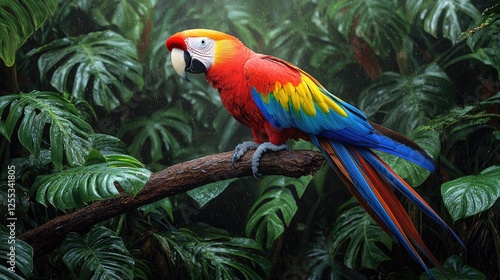 Wallpaper Mural Scarlet Macaw Perched on Branch in Raining Jungle Torontodigital.ca