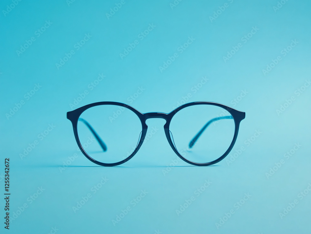 Minimalist glasses with thin metal and plastic frames in a blue background, fashionable optical accessories for vision and style Minimalist glasses with thin metal and plastic frames in a blue background, fashionable optical accessories for vision and style