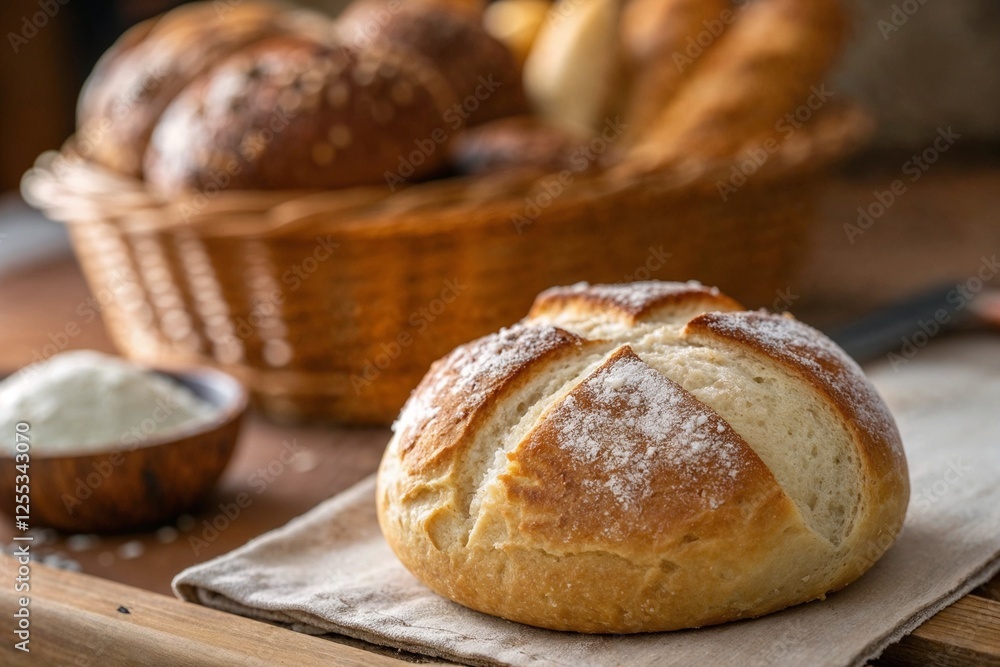 Close-up of traditional Bavarian bread roll with crisp crust and fluffy interior, warm diffused lighting, cozy bakery atmosphere Close-up of traditional Bavarian bread roll with crisp crust and fluffy interior, warm diffused lighting, cozy bakery atmosphere