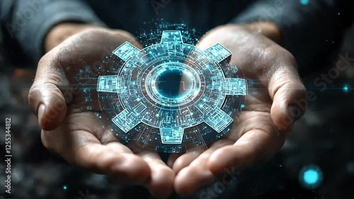 Digital Innovation: A pair of hands delicately cradles a glowing gear, symbolizing the core of technological advancement and the fusion of human ingenuity with digital innovation.