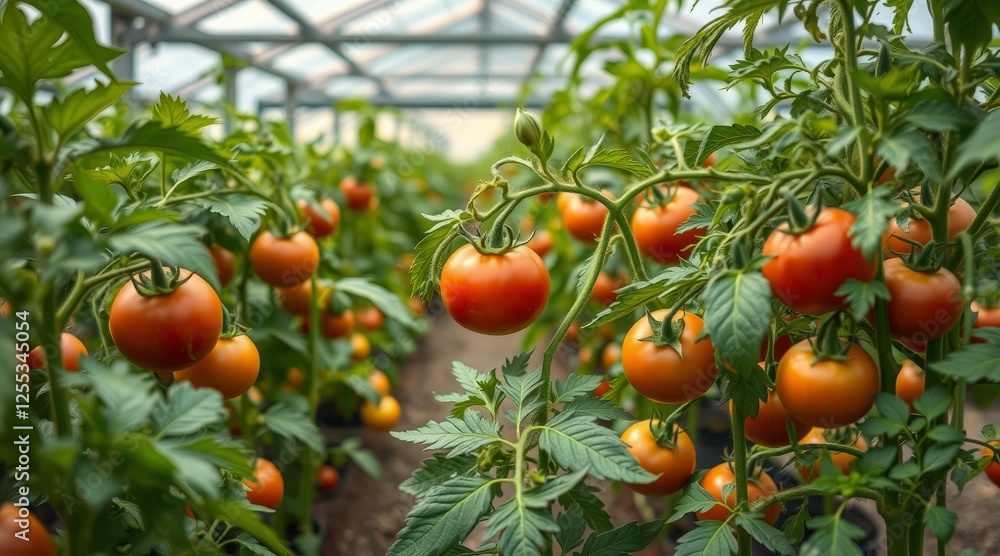 Ripe red tomatoes growing in greenhouse, organic farming, fresh produce, sustainable agriculture, and healthy food concept Ripe red tomatoes growing in greenhouse, organic farming, fresh produce, sustainable agriculture, and healthy food concept