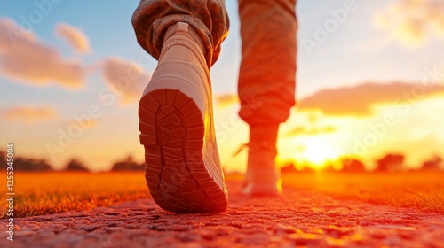 Warm Sunset Walk Textured Sneakers on Vibrant Ground at Dusk - Outdoor Lifestyle Content and Footwear Marketing for Active Millennials