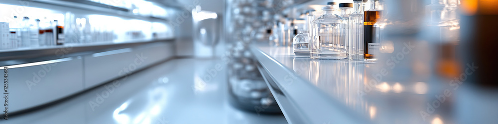 Laboratory Interior with Glass Vessels and Bottles on Countertop Laboratory Interior with Glass Vessels and Bottles on Countertop