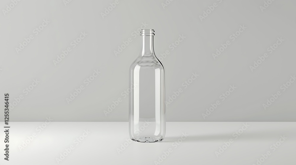 A clean, empty wine bottle placed on a white surface on a white background A clean, empty wine bottle placed on a white surface on a white background