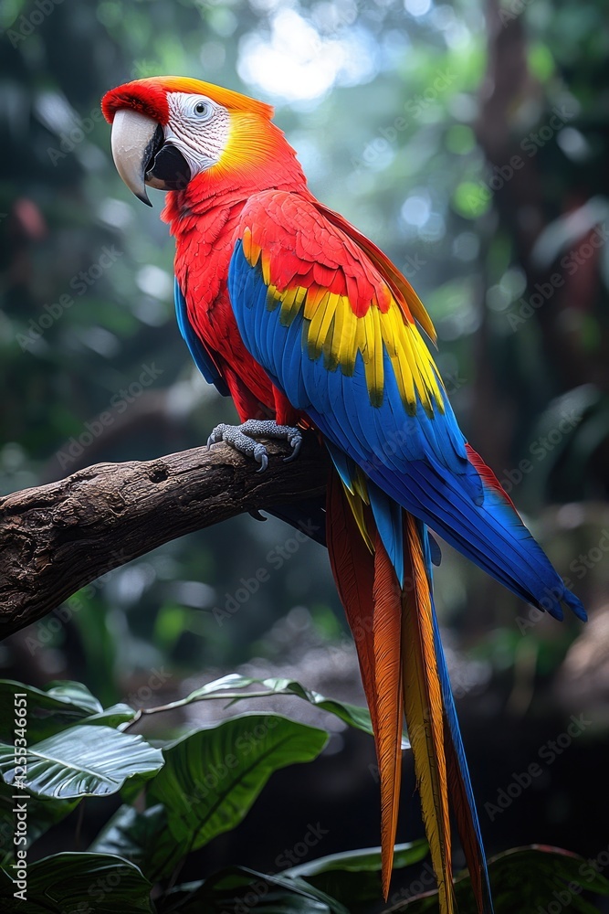 Obraz premium Scarlet Macaw Perched on Branch in Lush Green Foliage