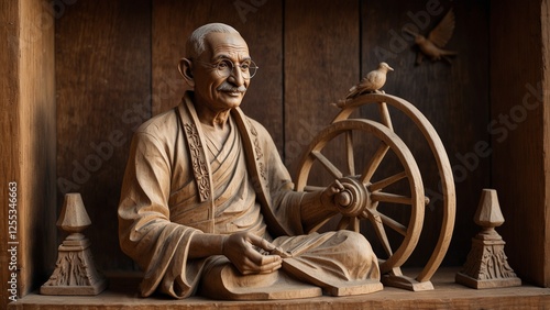 A serene wooden carving of Mahatma Gandhi, depicted in simple robes, holding a spinning wheel, surrounded by symbols of peace like doves and olive branches. photo