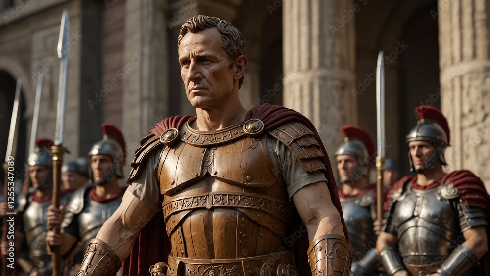 A bold wooden carving of Julius Caesar, depicted with his Roman armor and laurel crown, standing tall with a sword and scroll, surrounded by Roman soldiers. A bold wooden carving of Julius Caesar, depicted with his Roman armor and laurel crown, standing tall with a sword and scroll, surrounded by Roman soldiers.