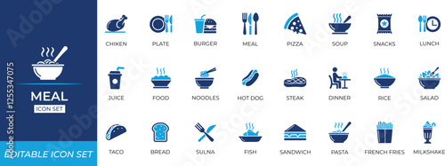 Meal icon set featuring food, dining, horizontal, planning, simplicity, tasting, feast, steak, and kitchen essentials for restaurants, apps, and menus.
