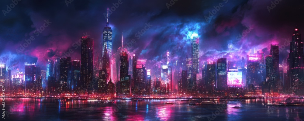 Futuristic neon cityscape with skyscrapers reflected in water at night Futuristic neon cityscape with skyscrapers reflected in water at night