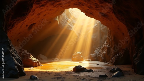 Wallpaper Mural Sunlight streaming through cave entrance illuminating rocky floor and sandy ground Torontodigital.ca