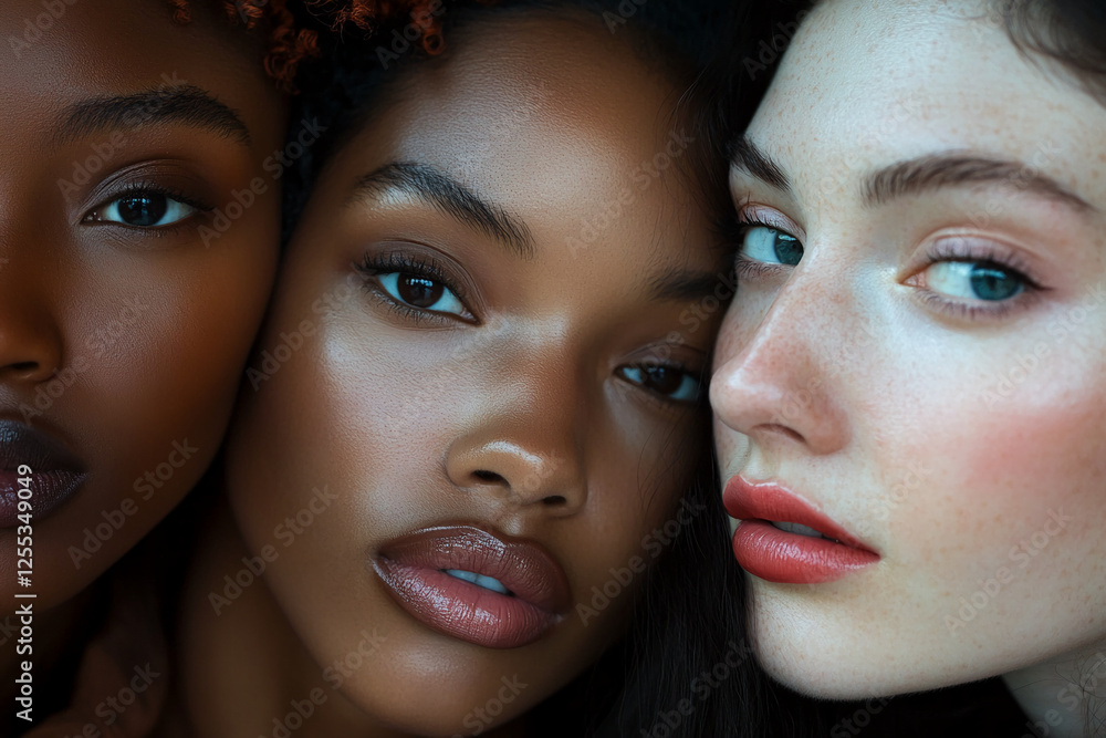 Close-up portrait of diverse women with different skin tones, showcasing beauty and unity. The image symbolizes diversity, empowerment, and cultural appreciation. Close-up portrait of diverse women with different skin tones, showcasing beauty and unity. The image symbolizes diversity, empowerment, and cultural appreciation.