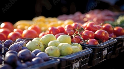 Colorful fruits and vegetables at farmers market photo