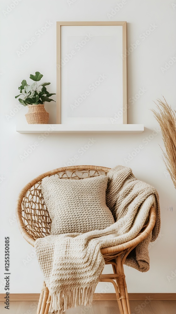Fototapeta premium A rattan chair, cozy knit blanket, and a floating shelf with a centered white frame.