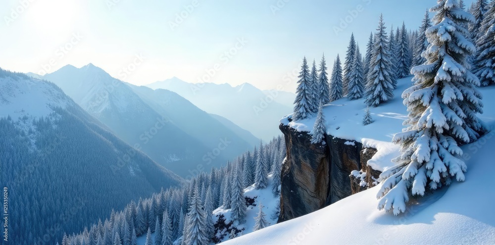 Fototapeta premium Cliffside with pine trees covered in fresh snow, frost, forest