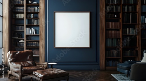 Wallpaper Mural A rich, walnut-colored library with deep blue walls and a perfectly placed blank white frame. Torontodigital.ca