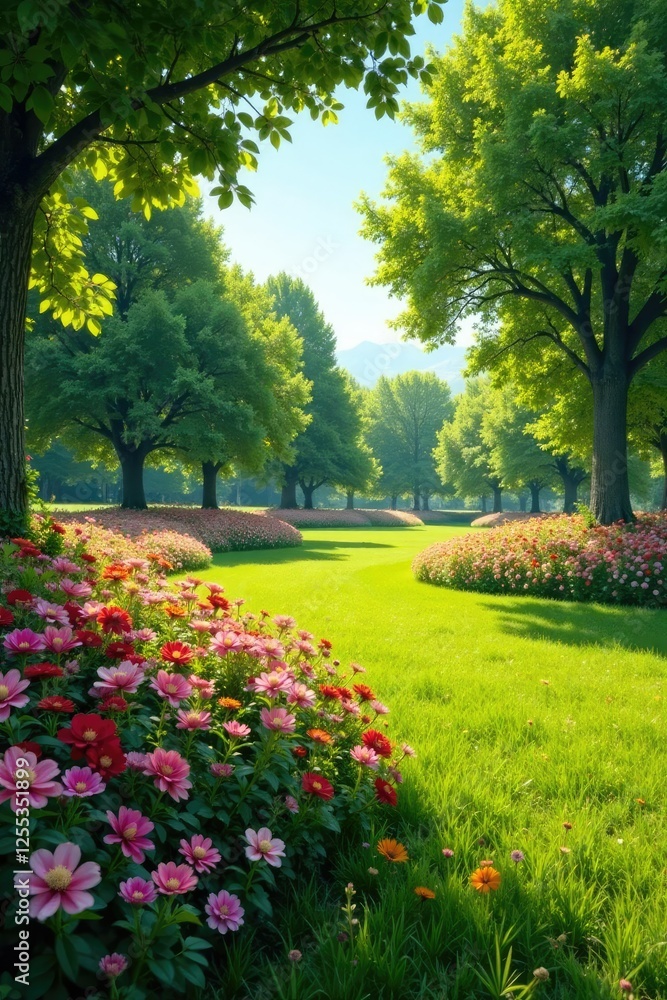 Fototapeta premium Descripci?n de una pradera con flores coloridas y ?rboles en un d?a soleado, lindo, pradera