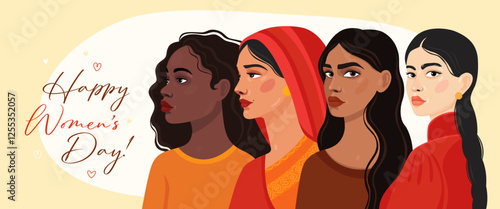 Card or banner for International Women's Day. 8 March. Four women of different appearance and ethnicity. Black girl, asian girl, arab girl and girl in a headscarf. Spring.