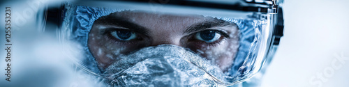 Close-up of Person Wearing Protective Goggles, Mask, and Cap photo