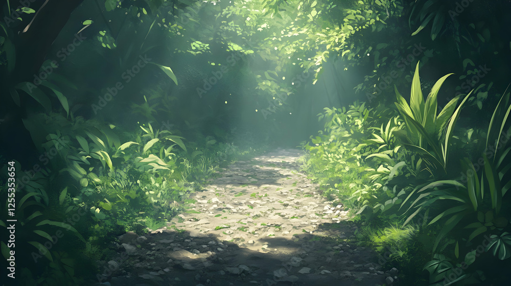Fototapeta premium Sunlit Path Through Lush Forest: A Tranquil Nature Scene