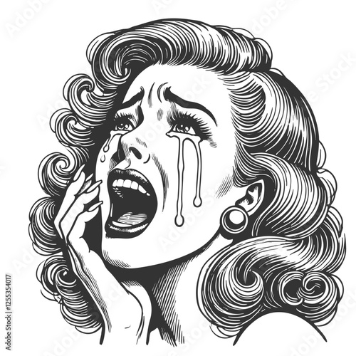 distressed woman with voluminous hair, crying intensely with tears streaming down her face in anguish sketch engraving generative ai vector illustration. Scratch board imitation. Black and white image