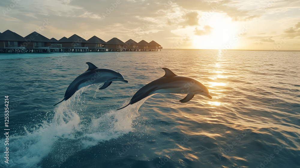 Fototapeta premium Two Dolphins Jumping at Sunset Over Water Villas
