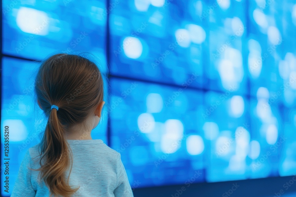 Obraz premium Toddler Girl Captivated by Digital Screens Displaying Blue Visuals