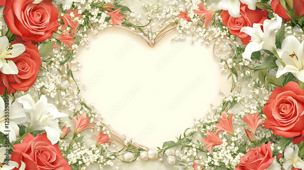 Romantic Floral Heart Frame: Roses, Lilies, and Pearls Romantic Floral Heart Frame: Roses, Lilies, and Pearls