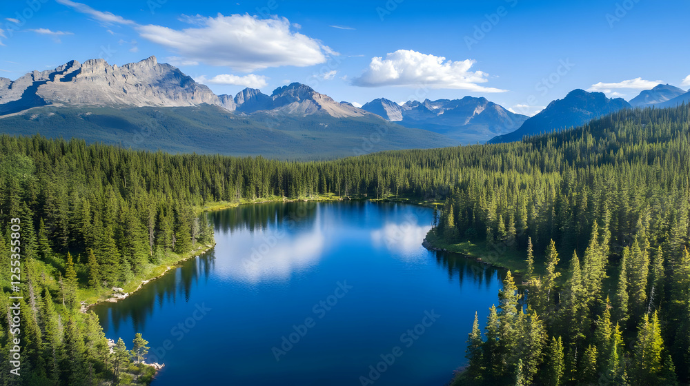 Majestic Mountain Lake and Coniferous Forest Landscape Majestic Mountain Lake and Coniferous Forest Landscape
