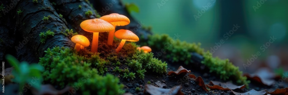 Fototapeta premium Fungal growth on tree roots with tiny glowing mushrooms, mushrooms, mycelium