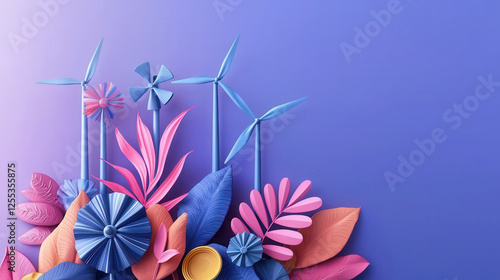Wallpaper Mural Colorful paper leaves and wind turbines create vibrant renewable energy theme. This artistic representation highlights sustainability and nature Torontodigital.ca