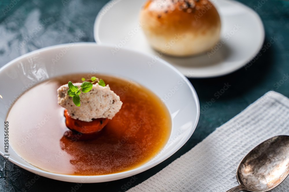 Soup or consomme, thick meat broth with carrots, chicken dumplings and microgreens, served in a white plate on a dark green background with sesame seed buns, napkin and spoon. Soup or consomme, thick meat broth with carrots, chicken dumplings and microgreens, served in a white plate on a dark green background with sesame seed buns, napkin and spoon.