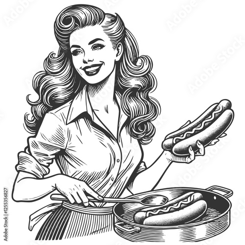woman in a vintage apron holding a steaming hot dog while cooking on a stovetop sketch engraving generative ai fictional character vector illustration. Scratch board imitation. Black and white image.