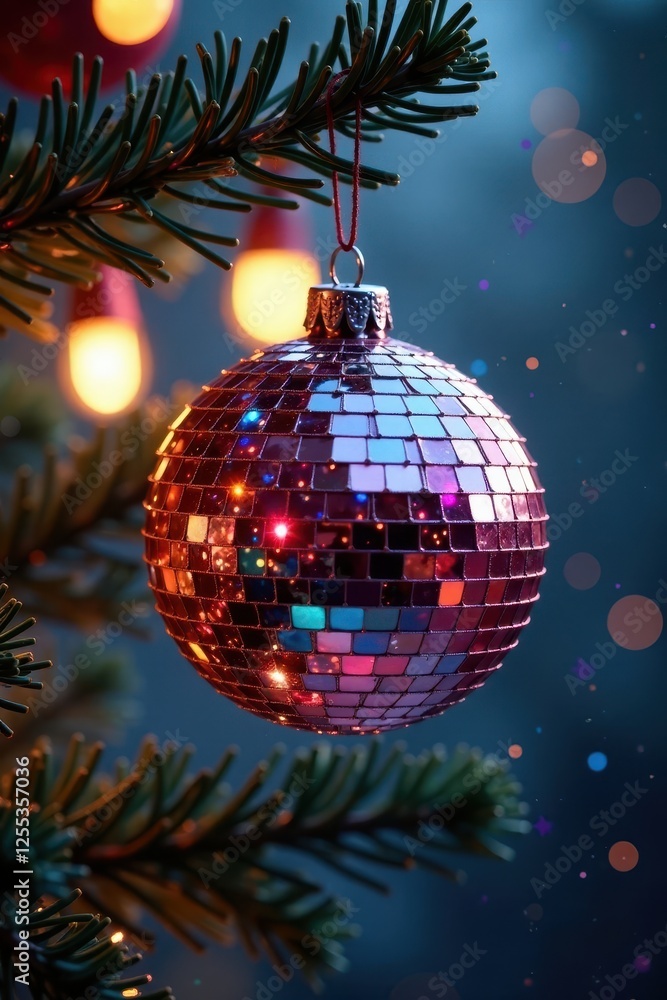 Fototapeta premium Sparkling disco ball ornament hanging from tree branch, ball, holiday, disco