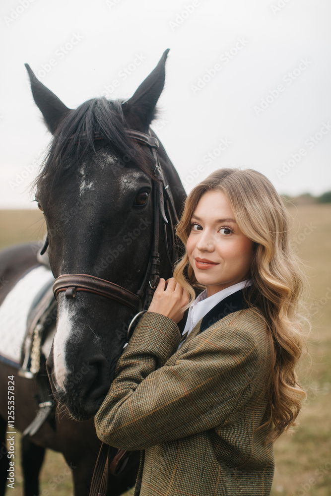 Obraz premium Woman Standing Beside Black Horse on Open Field in Autumn Attire