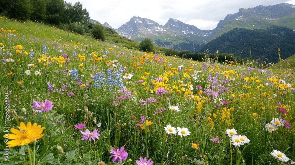 Obraz premium Colorful meadow with mountains in the background. Possible use Stock photo