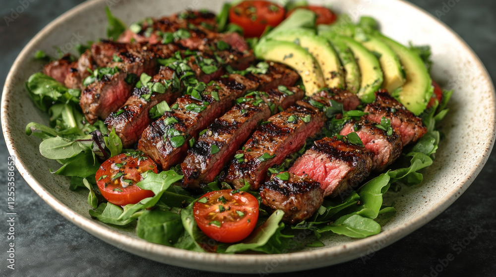 Paleo-friendly steak salad with mixed greens, avocado, and balsamic vinaigrette Paleo-friendly steak salad with mixed greens, avocado, and balsamic vinaigrette