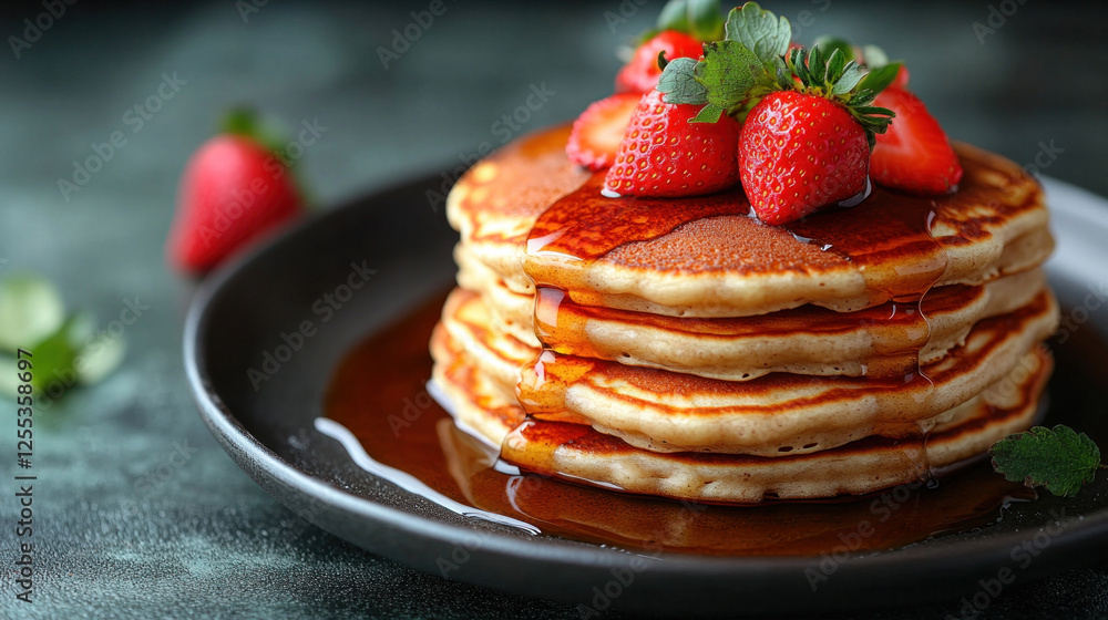 Pancake stack drizzled with maple syrup and topped with fresh strawberries Pancake stack drizzled with maple syrup and topped with fresh strawberries