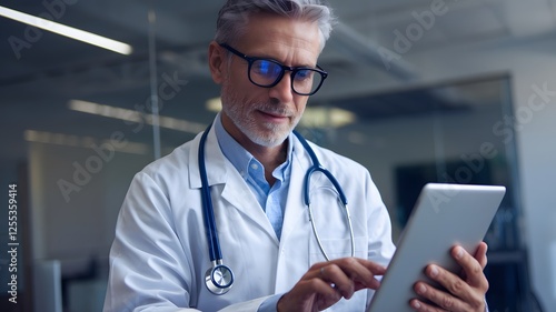 Serious Male Doctor Using Digital Tablet Modern Healthcare Professional Medical Technology Online Consultation Physician Examination Patient Care Digital Health Medical Worker Hospital Clinic Doctor  