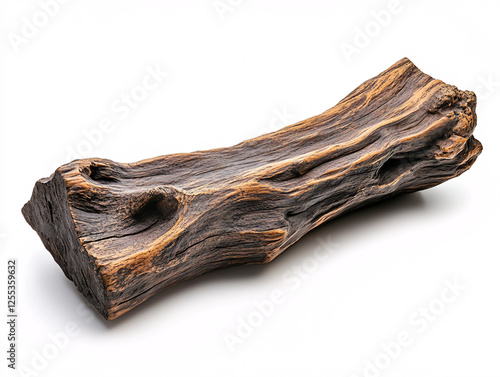 Dried wooden trunk with rough and weathered texture, isolated on white background, ideal for design and material reference photo