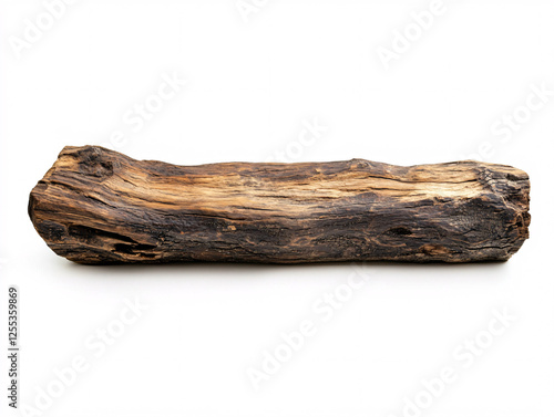 Dried wooden trunk with rough and weathered texture, isolated on white background, ideal for design and material reference photo