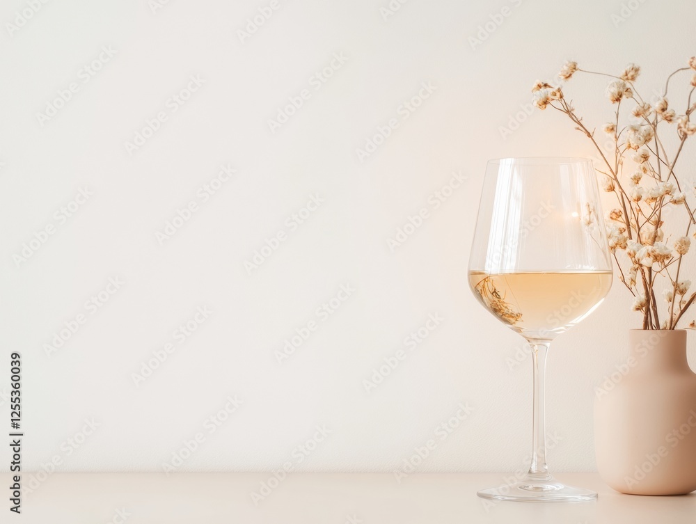 Fototapeta premium Contemporary Minimalist Wine Glass with Floral Arrangement Elegant Dining Setup for Luxury Hospitality and Modern Romantic Marketing Campaigns