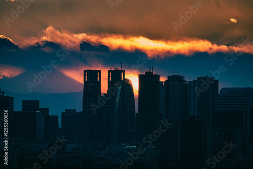 Shijuku skyline and mount Fuji during the sunset. photo