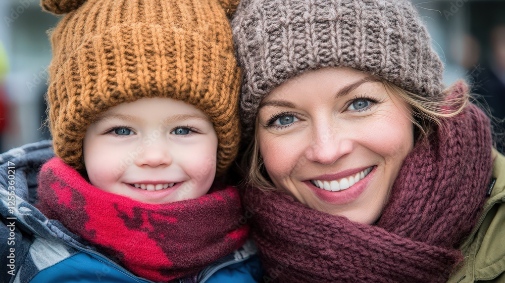 A child playing dress-up with their mother, wearing oversized hats and scarves A child playing dress-up with their mother, wearing oversized hats and scarves